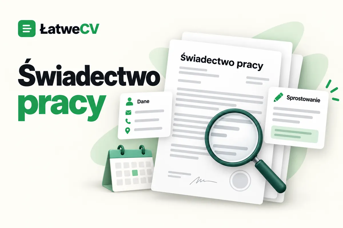 Świadectwo pracy oglądane przez lupę, kalendarz oraz karty danych i sprostowania obok nagłówka i logo ŁatweCV.