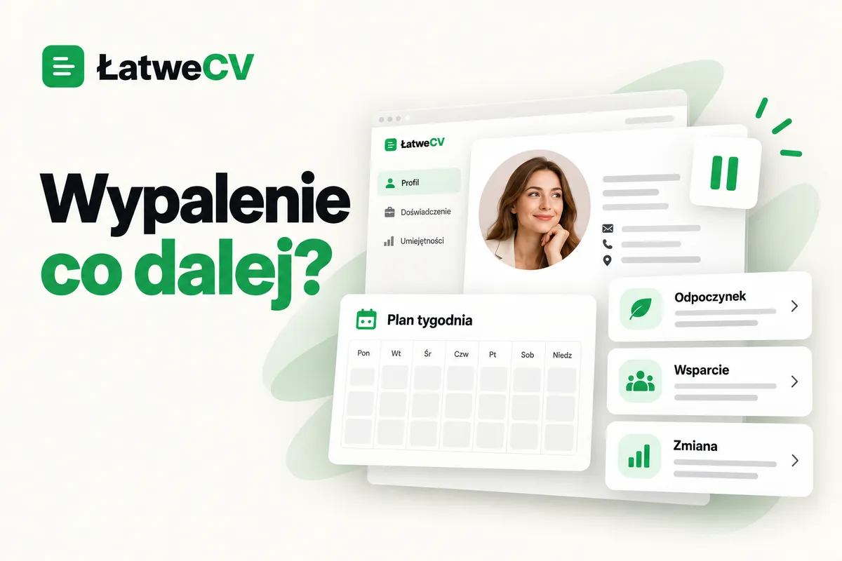 Profil kobiety, symbol pauzy i pusty plan tygodnia obok kart odpoczynku, wsparcia oraz zmiany przy nagłówku.