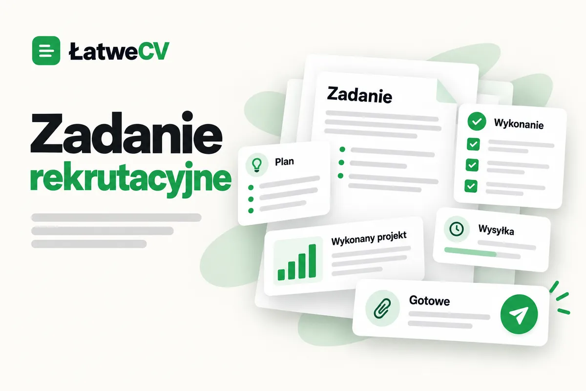 Dokument zadania rekrutacyjnego, plan i lista wykonania obok karty projektu z wykresem oraz załącznika gotowego do wysyłki.