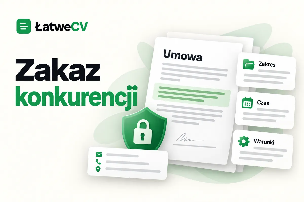 Umowa z zaznaczoną klauzulą, tarcza z kłódką oraz karty zakresu, czasu i warunków zakazu konkurencji.