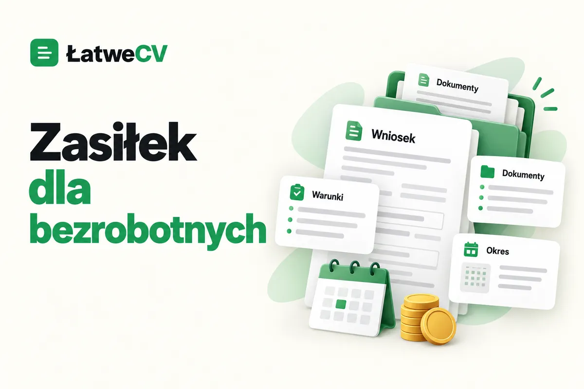 Wniosek o zasiłek, teczka dokumentów, kalendarz i monety obok kart warunków, dokumentów oraz okresu świadczenia.