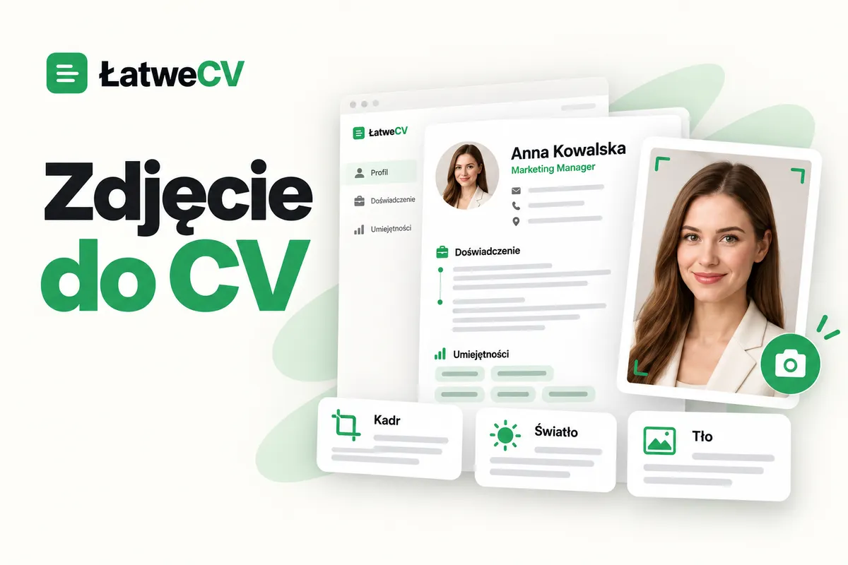 CV z portretem kobiety, większe zdjęcie z oznaczeniami kadru oraz karty kadrowania, światła i tła.